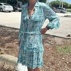 Elegant Teal Patterned Midi Dress
